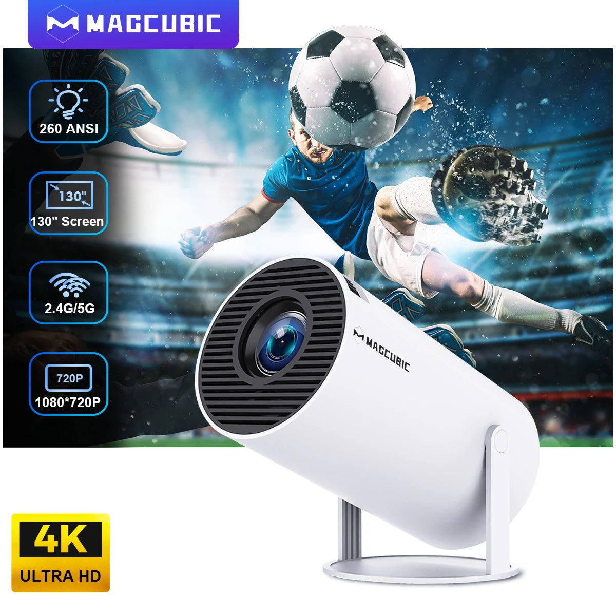 HY300 Pro Portable 4K Projector with Android 11, 1280x720 Resolution, Dual WiFi, 260 ANSI Lumens, 180° Flexibility, and Bluetooth 5.0 for Outdoor Cinema